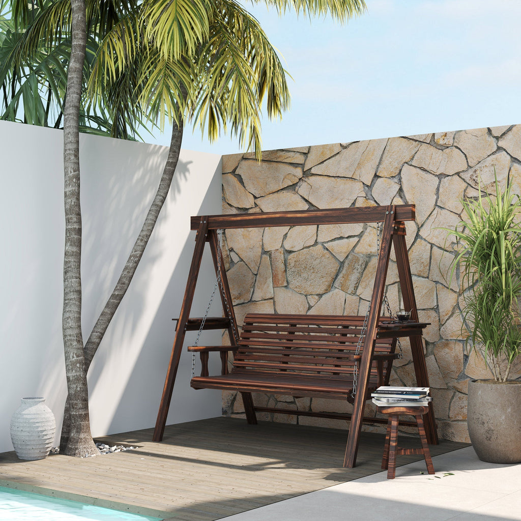 3 Seater Garden Wooden Swing Chair with Side Tables and Metal Chains, Carbonised Brown