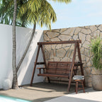 3 Seater Garden Wooden Swing Chair with Side Tables and Metal Chains, Carbonised Brown