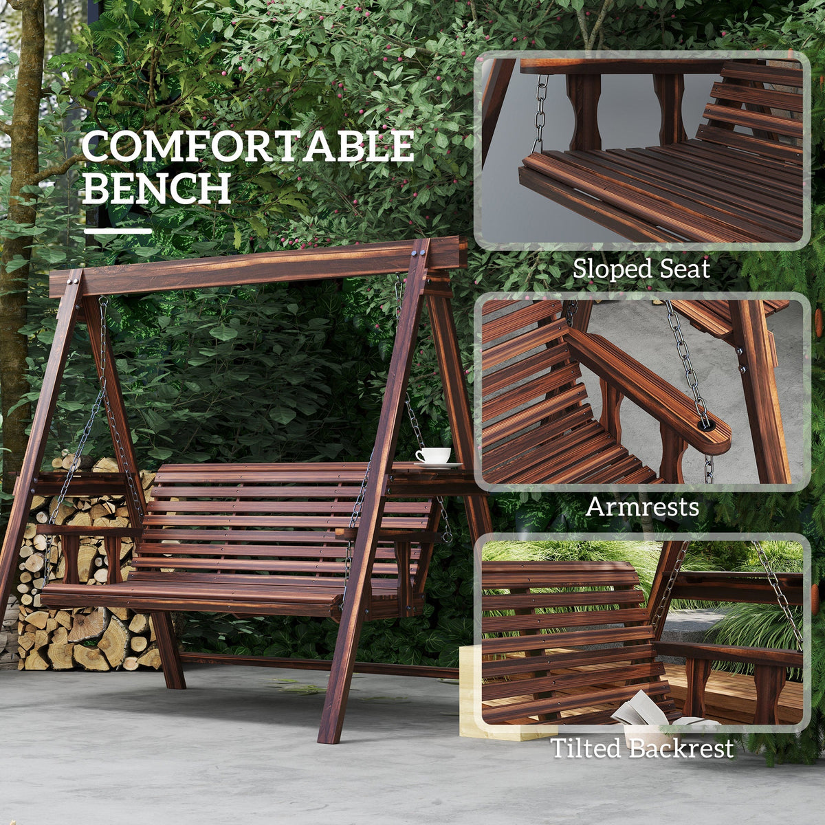 3 Seater Garden Wooden Swing Chair with Side Tables and Metal Chains, Carbonised Brown