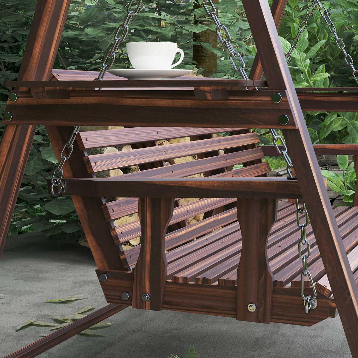 3 Seater Garden Wooden Swing Chair with Side Tables and Metal Chains, Carbonised Brown