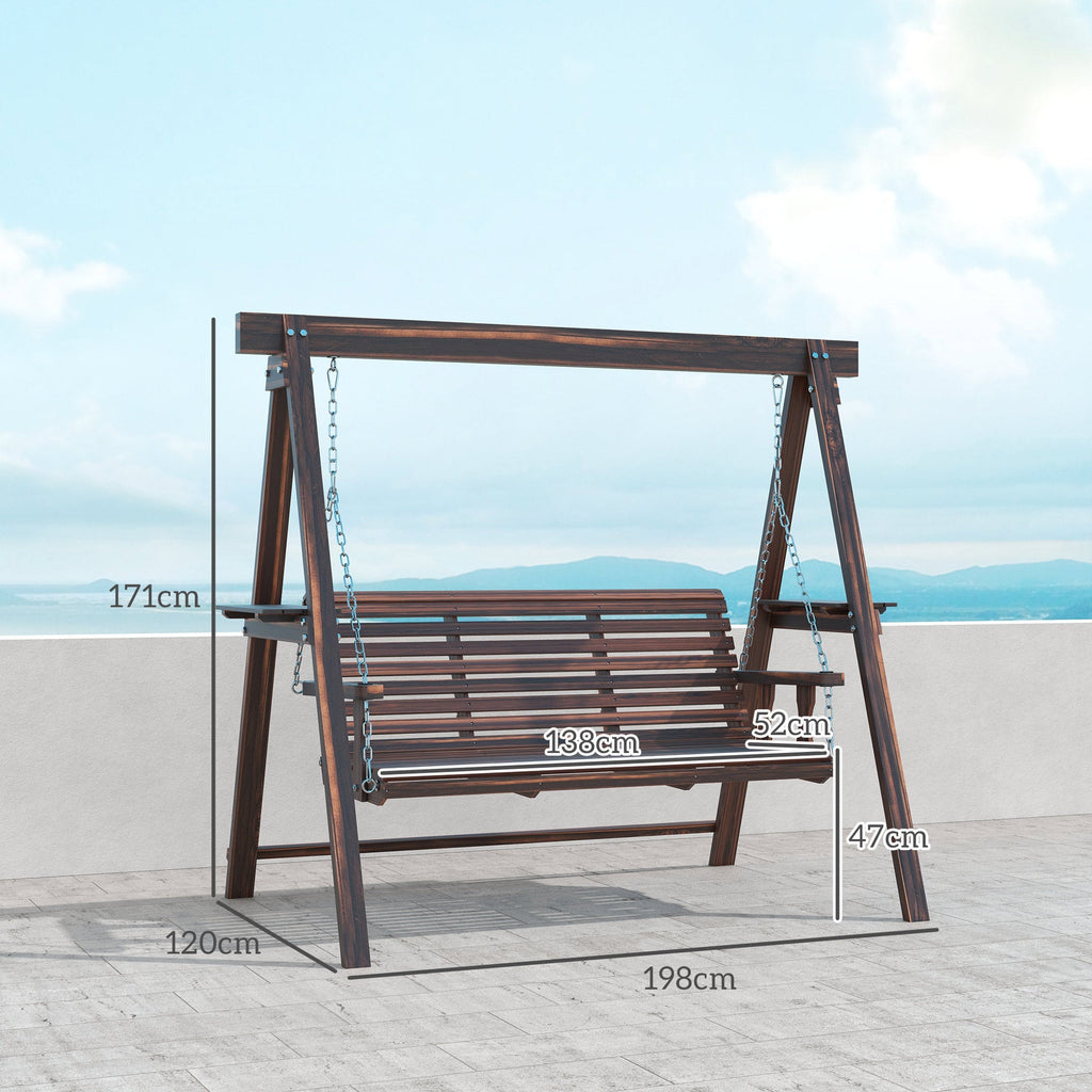 3 Seater Garden Wooden Swing Chair with Side Tables and Metal Chains, Carbonised Brown
