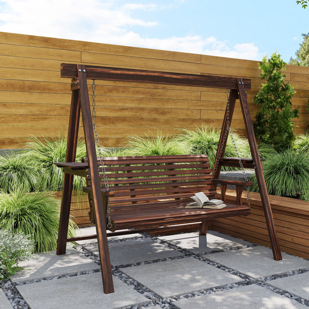 3 Seater Garden Wooden Swing Chair with Side Tables and Metal Chains, Carbonised Brown