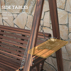 3 Seater Garden Wooden Swing Chair with Side Tables and Metal Chains, Carbonised Brown