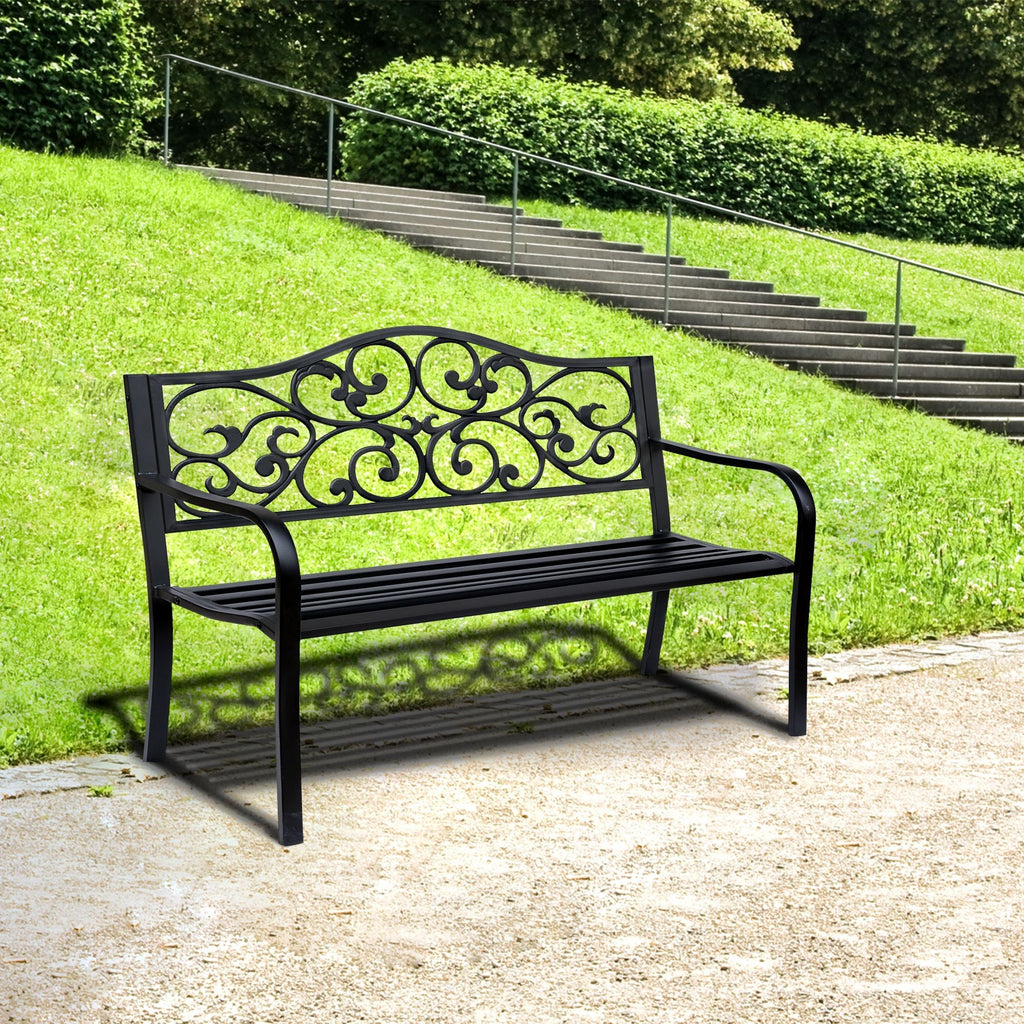 Garden Bench Outdoor Loveseat with Floral Pattern Cast Metal, 50" x 23.6" x 35", Black