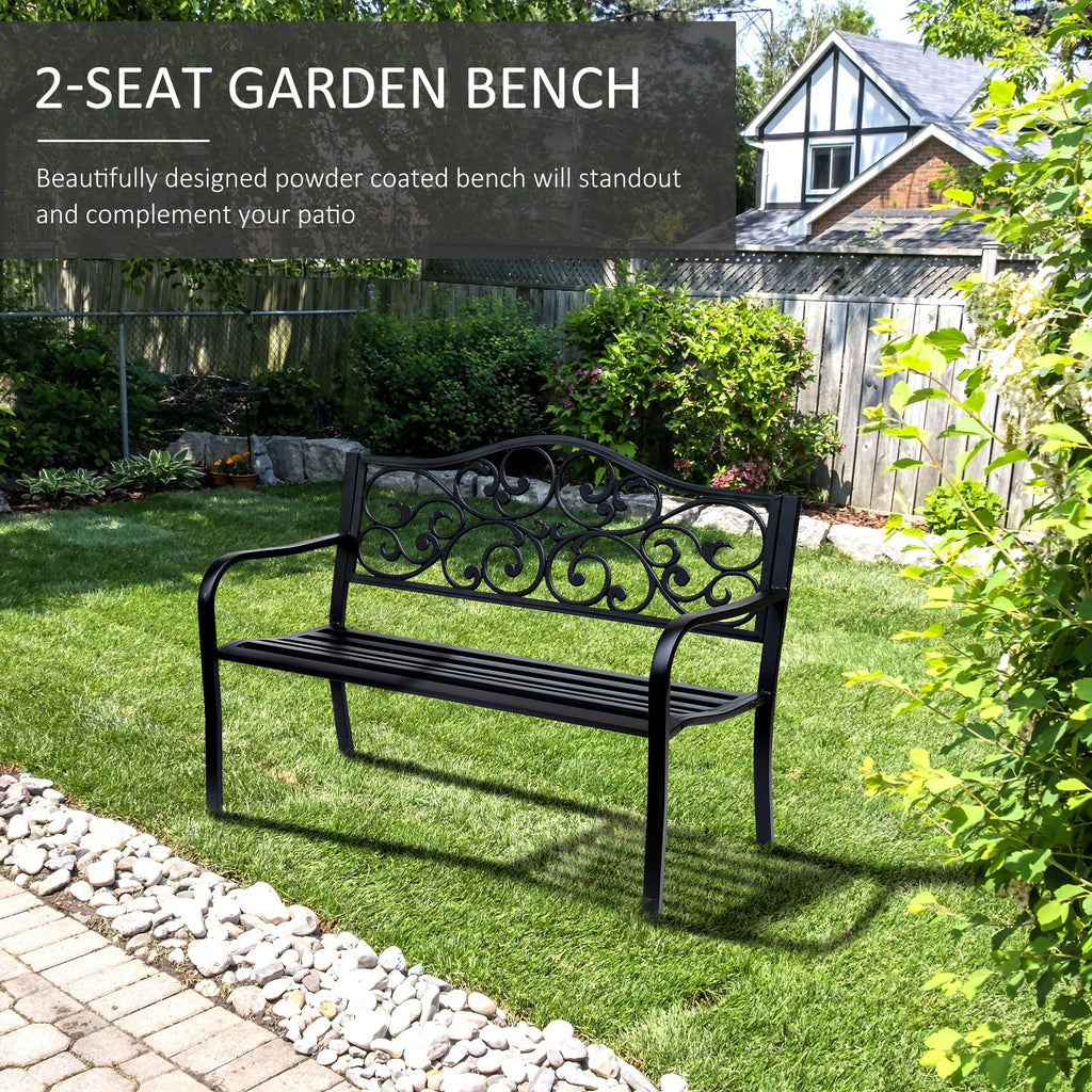 Garden Bench Outdoor Loveseat with Floral Pattern Cast Metal, 50" x 23.6" x 35", Black