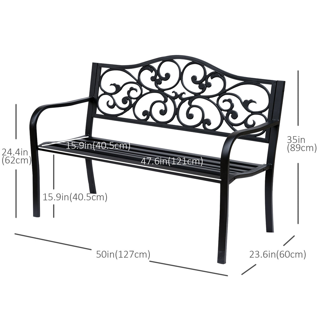 Garden Bench Outdoor Loveseat with Floral Pattern Cast Metal, 50" x 23.6" x 35", Black
