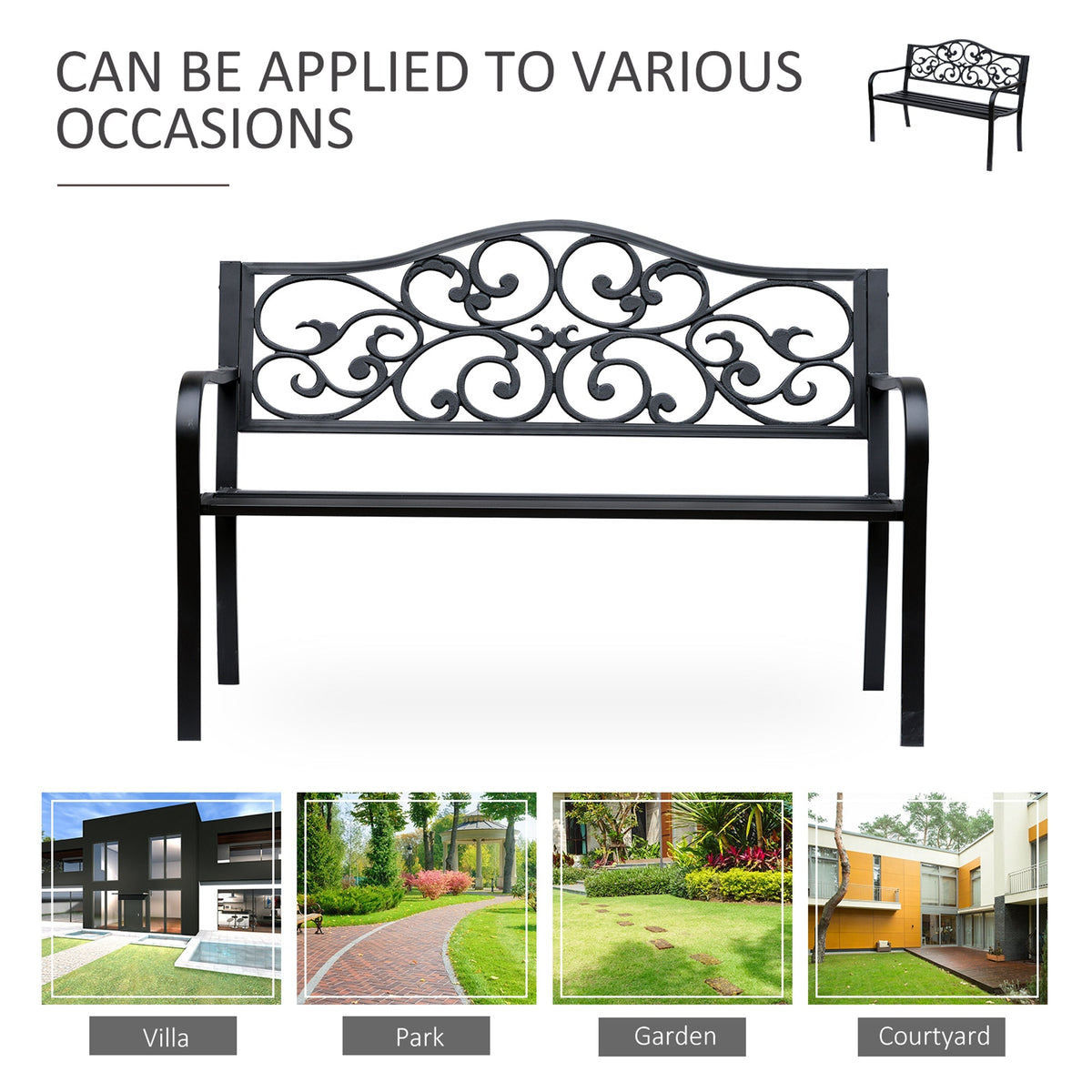 Garden Bench Outdoor Loveseat with Floral Pattern Cast Metal, 50" x 23.6" x 35", Black