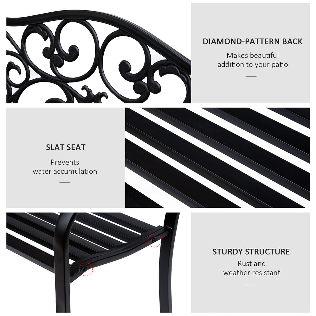 Garden Bench Outdoor Loveseat with Floral Pattern Cast Metal, 50" x 23.6" x 35", Black