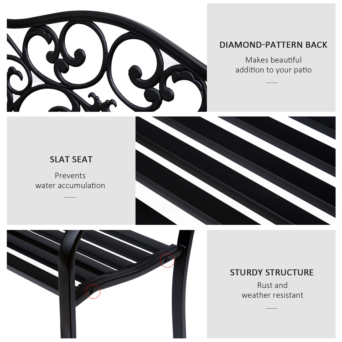 Garden Bench Outdoor Loveseat with Floral Pattern Cast Metal, 50" x 23.6" x 35", Black
