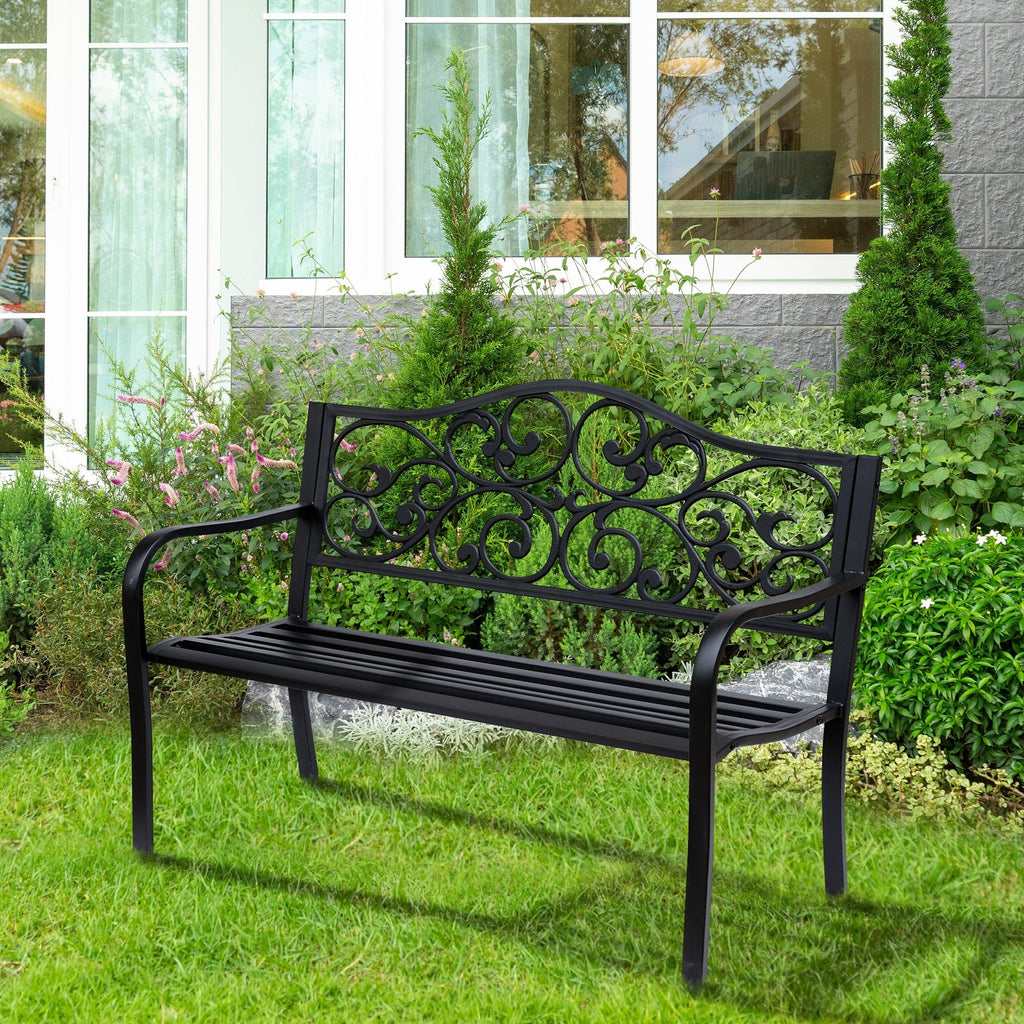 Garden Bench Outdoor Loveseat with Floral Pattern Cast Metal, 50" x 23.6" x 35", Black