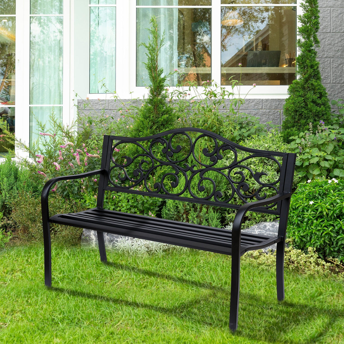 Garden Bench Outdoor Loveseat with Floral Pattern Cast Metal, 50" x 23.6" x 35", Black