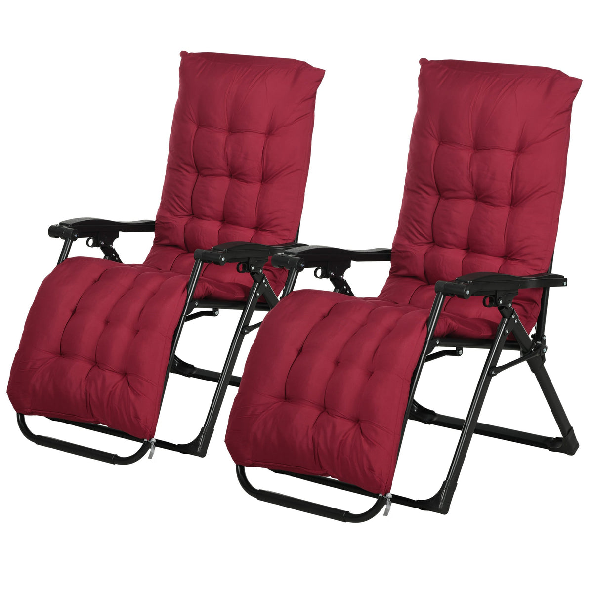 Reclining Zero Gravity Chair Set of 2, Folding Garden Chairs Set w/ Cushion, Wine Red
