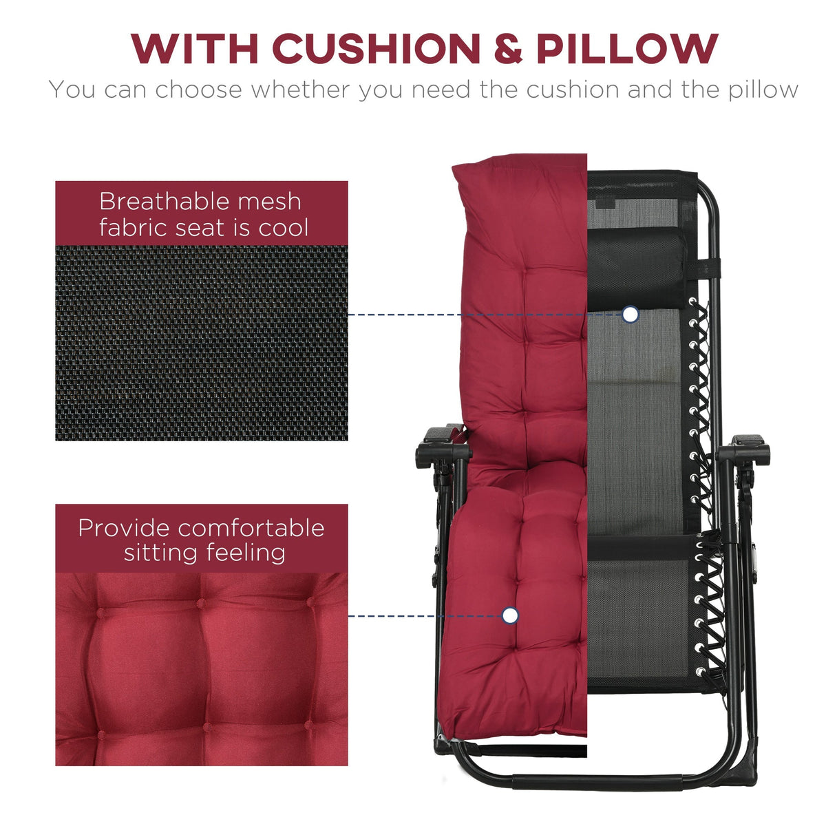 Reclining Zero Gravity Chair Set of 2, Folding Garden Chairs Set w/ Cushion, Wine Red