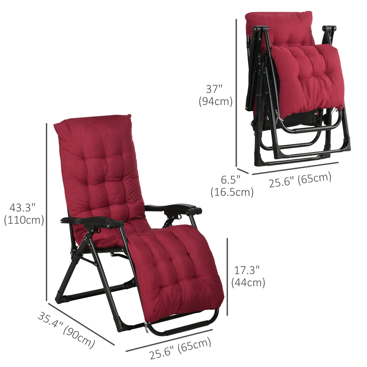 Reclining Zero Gravity Chair Set of 2, Folding Garden Chairs Set w/ Cushion, Wine Red