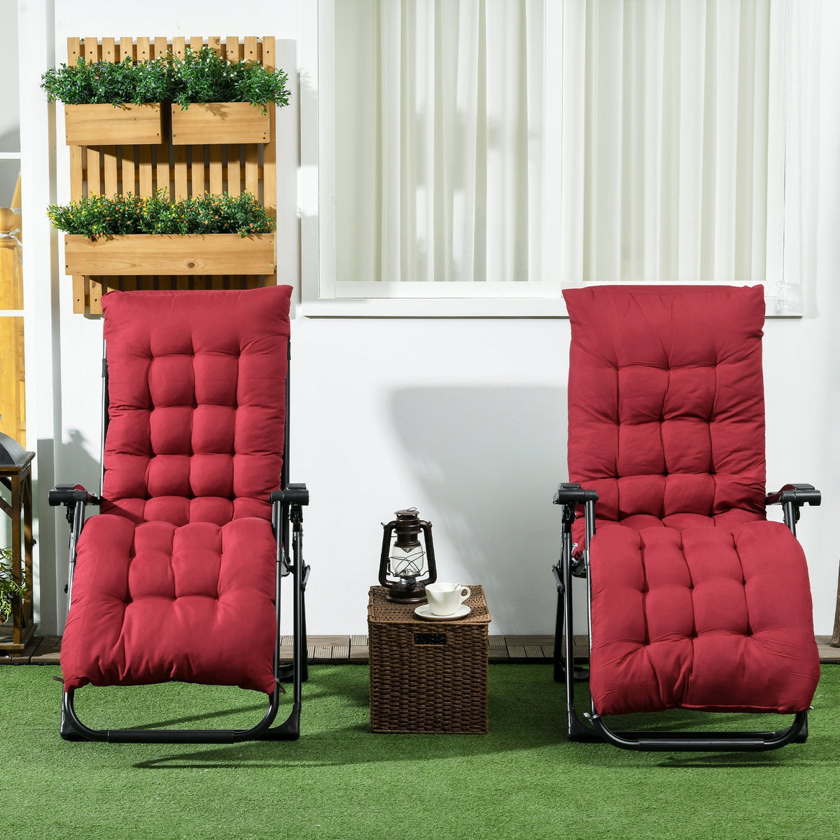 Reclining Zero Gravity Chair Set of 2, Folding Garden Chairs Set w/ Cushion, Wine Red