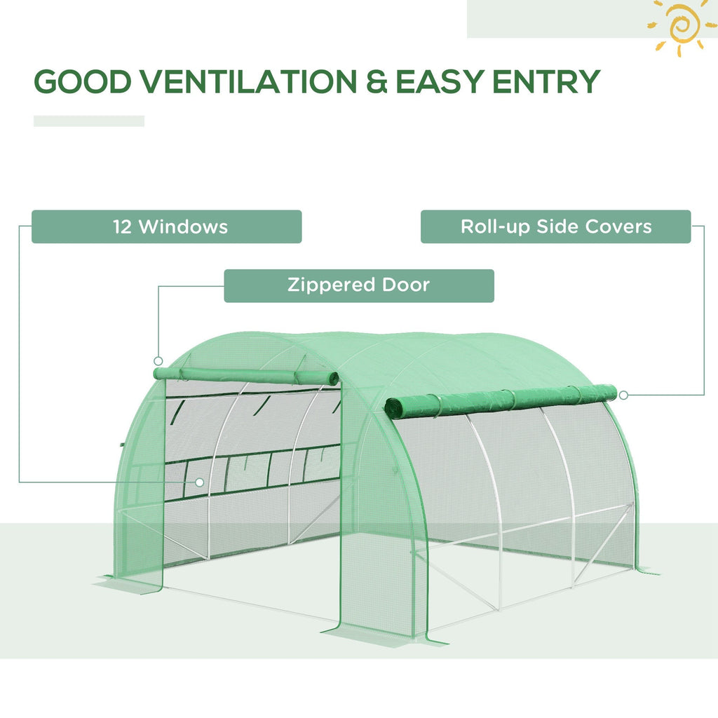 3 x 3 x 2m Polytunnel Greenhouse with Roll-up Side Walls, Reinforced Cover & 6 Mesh Windows, Green