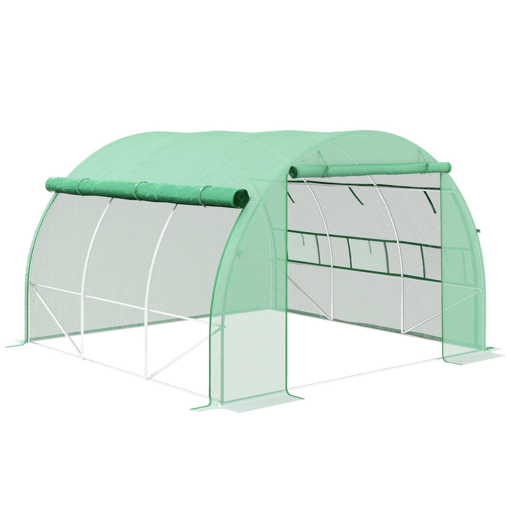 3 x 3 x 2m Polytunnel Greenhouse with Roll-up Side Walls, Reinforced Cover & 6 Mesh Windows, Green