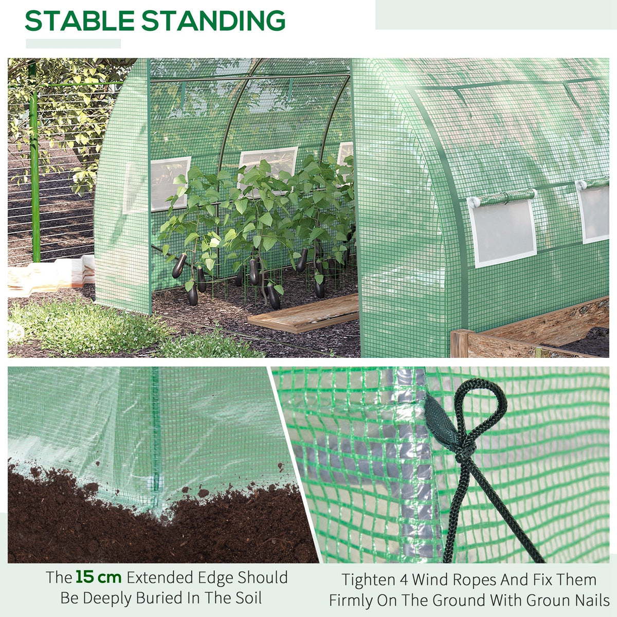 3 x 3 x 2m Polytunnel Greenhouse with Roll-up Side Walls, Reinforced Cover & 6 Mesh Windows, Green