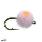 Close-up of a pink and yellow fuzzy Egg Fly fishing lure with a sharp metal hook, designed for effective fishing tackle use at Thorne Bros.