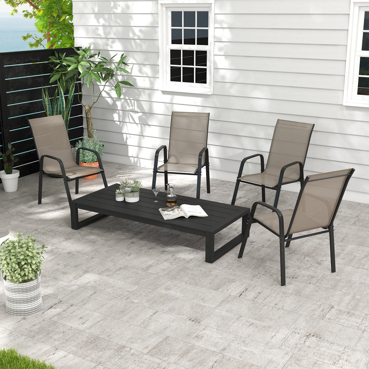 4 Pieces Garden Chairs with High Backrest and Armrest, Dark Grey