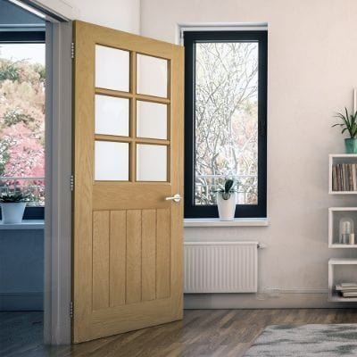 Ely Oak Prefinished 6 Glazed Bevelled Light Panels Internal Door - All Sizes