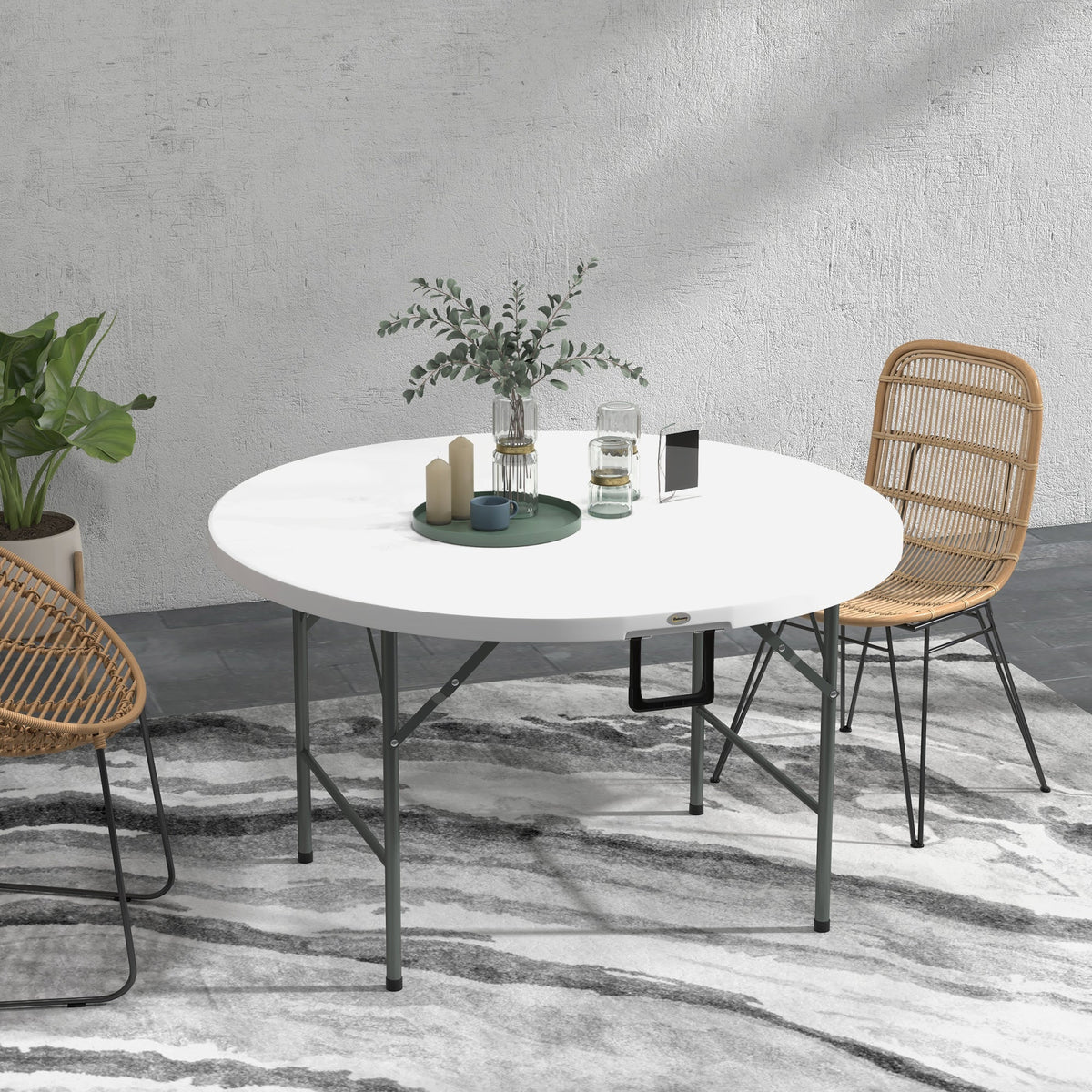 Φ48" Folding Patio Table, Outdoor HDPE Picnic Round Table for 6 with Metal Frame, White