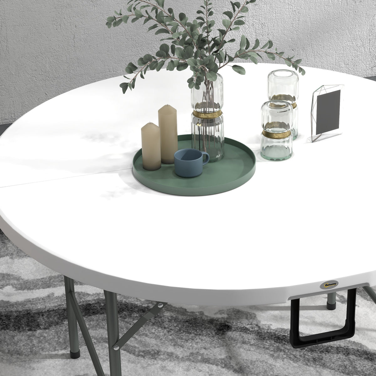 Φ48" Folding Patio Table, Outdoor HDPE Picnic Round Table for 6 with Metal Frame, White