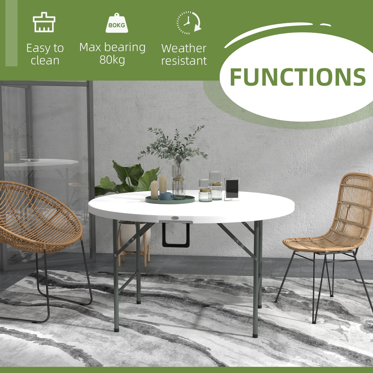 Φ48" Folding Patio Table, Outdoor HDPE Picnic Round Table for 6 with Metal Frame, White