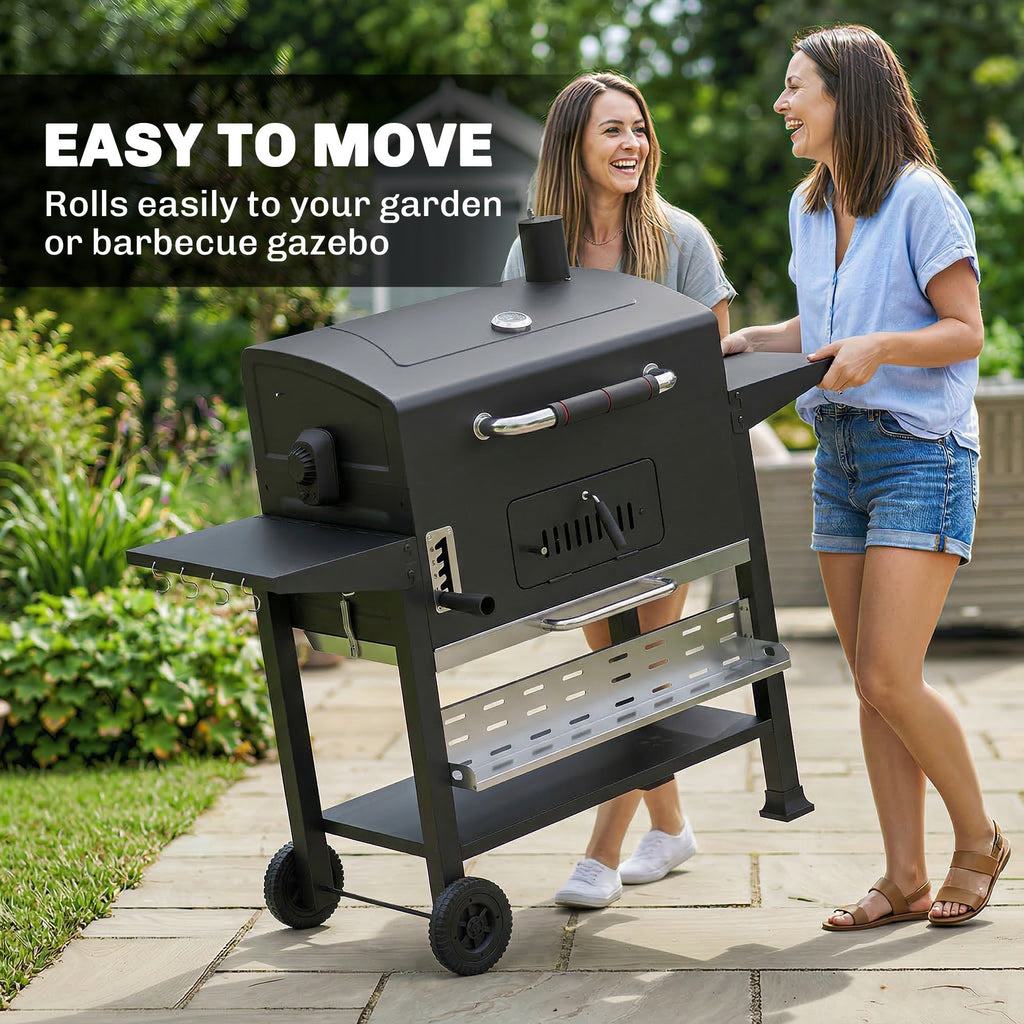 Charcoal BBQ Grill Smoker with Rotisserie Kit and Side Tables, Black