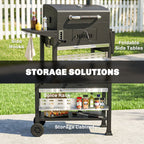Charcoal BBQ Grill Smoker with Rotisserie Kit and Side Tables, Black