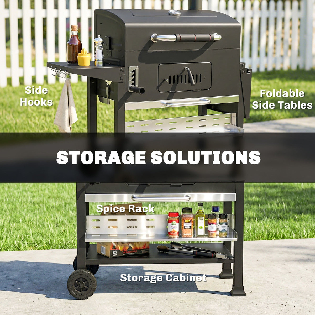 Charcoal BBQ Grill Smoker with Rotisserie Kit and Side Tables, Black
