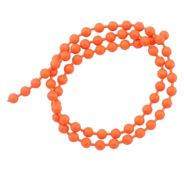 Hareline Fluorescent Bead Chain Eyes in bright orange, consisting of small round beads connected in a flexible chain for use in fishing tackle and lure customization.