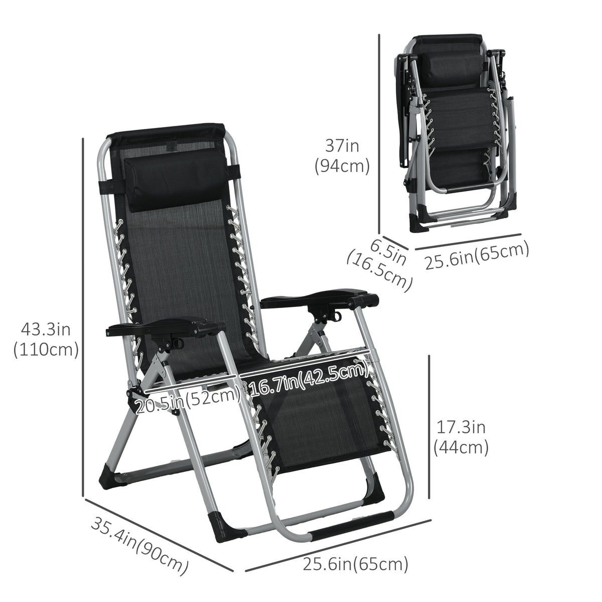Reclining Zero Gravity Chair Set of 2, Folding Garden Chairs Set w/ Cushion, Dark Grey