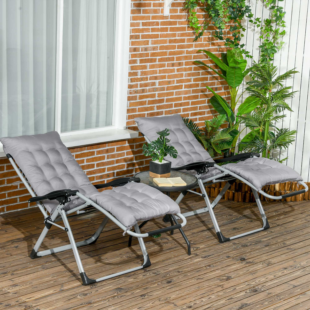 Reclining Zero Gravity Chair Set of 2, Folding Garden Chairs Set w/ Cushion, Dark Grey
