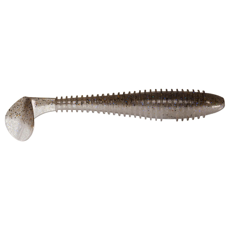 Keitech Fat Swing Impact 5.8" soft plastic fishing lure in translucent gray with blue and black speckles, designed for realistic motion in water to attract fish.