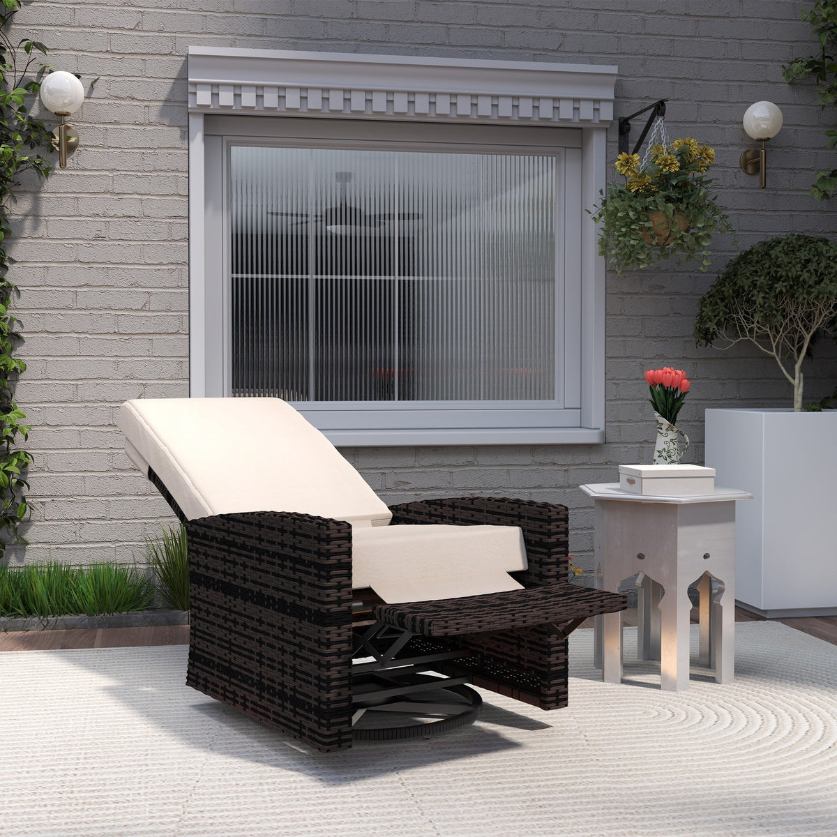 Wicker Swivel Reclining Garden Chair with Lifting Footrest, Water-Resistant Cushions, Khaki