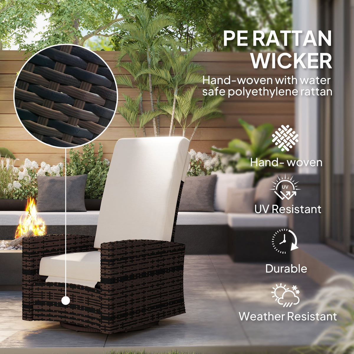 Wicker Swivel Reclining Garden Chair with Lifting Footrest, Water-Resistant Cushions, Khaki