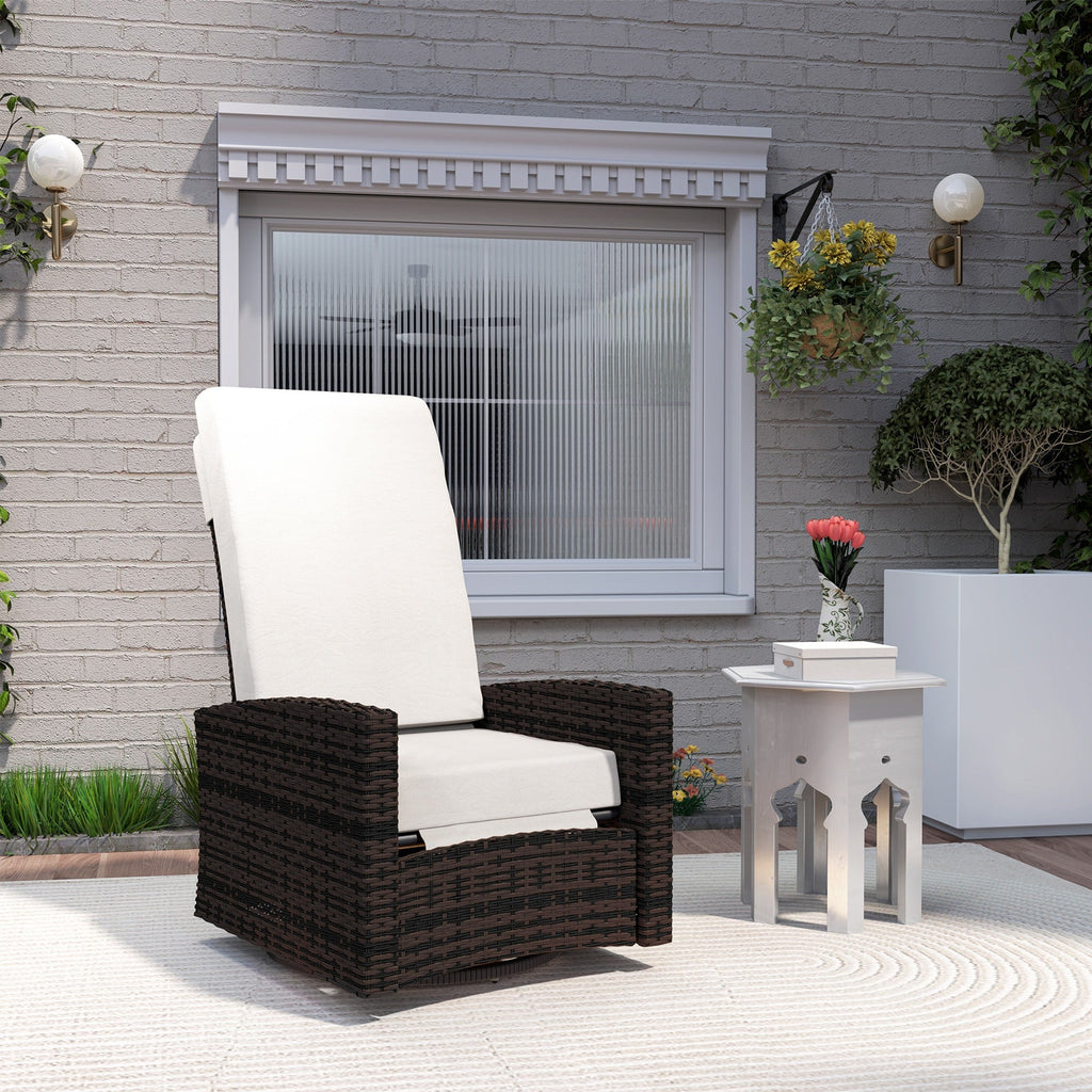 Wicker Swivel Reclining Garden Chair with Lifting Footrest, Water-Resistant Cushions, Khaki