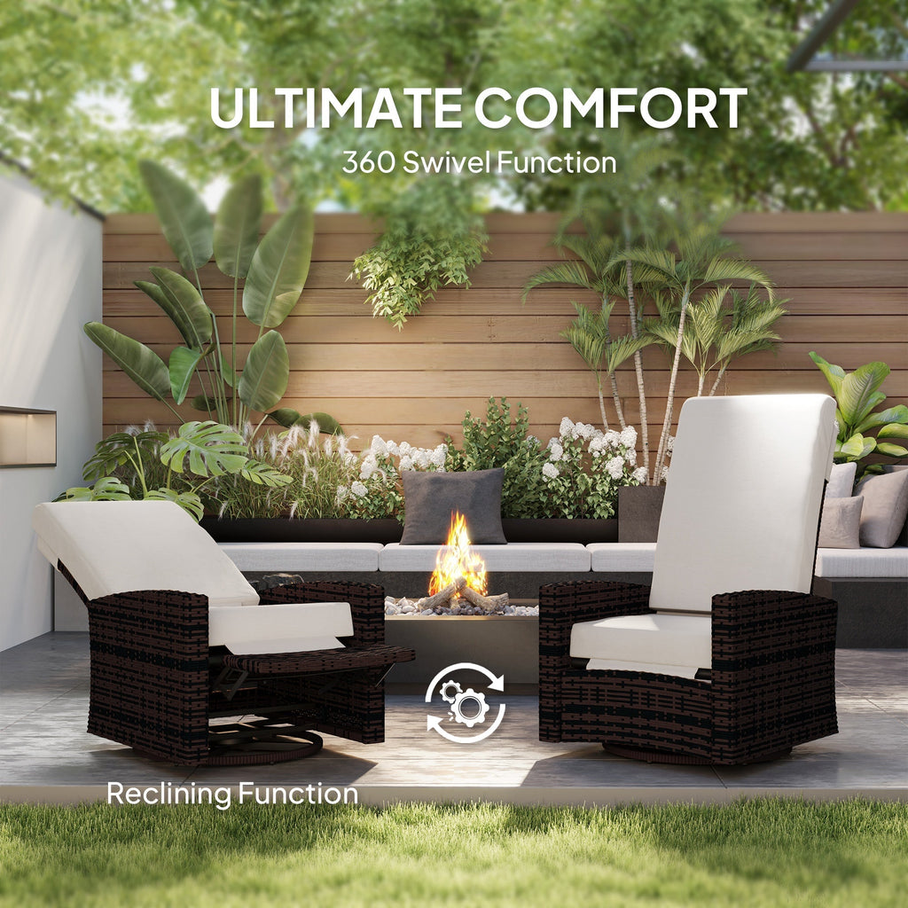 Wicker Swivel Reclining Garden Chair with Lifting Footrest, Water-Resistant Cushions, Khaki