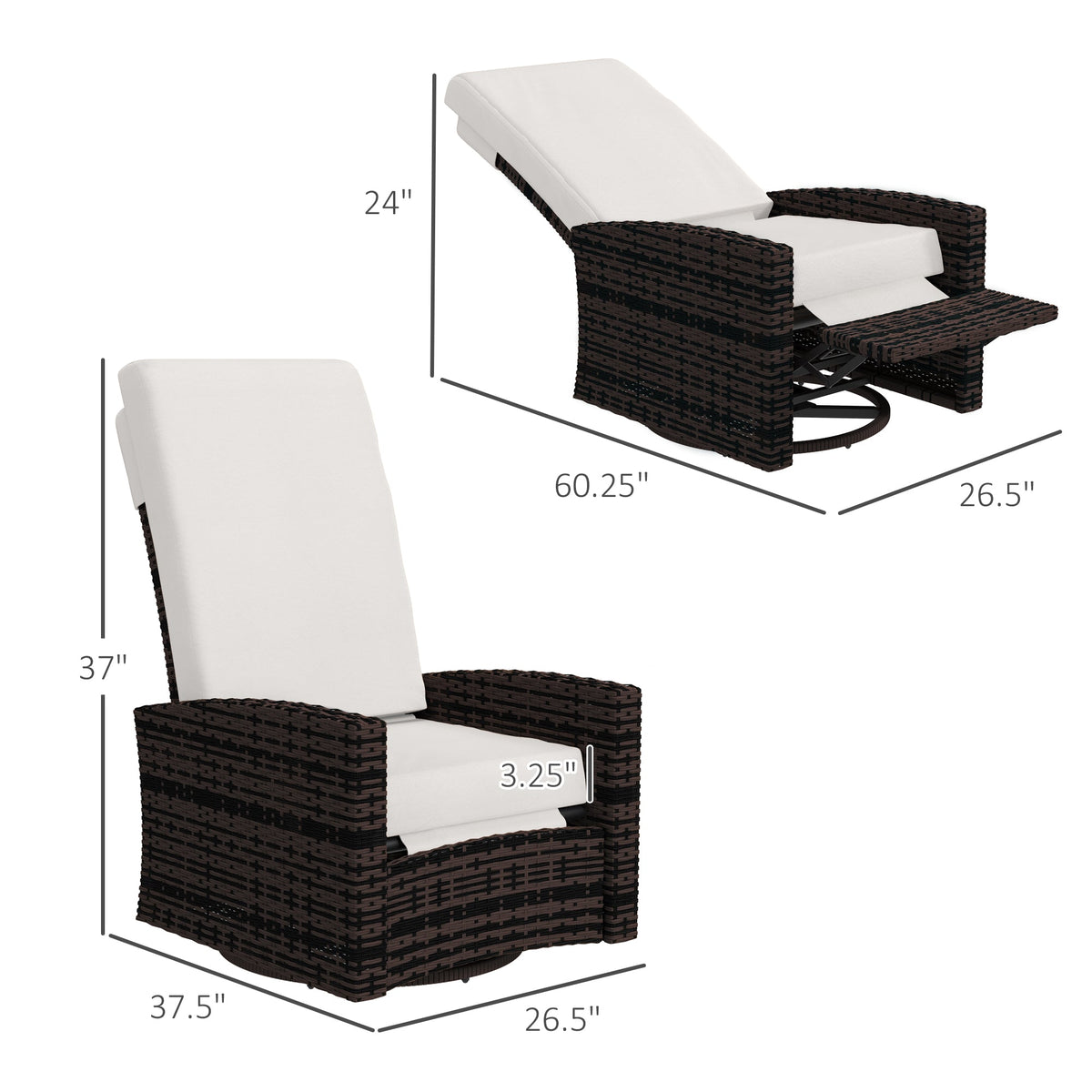 Wicker Swivel Reclining Garden Chair with Lifting Footrest, Water-Resistant Cushions, Khaki