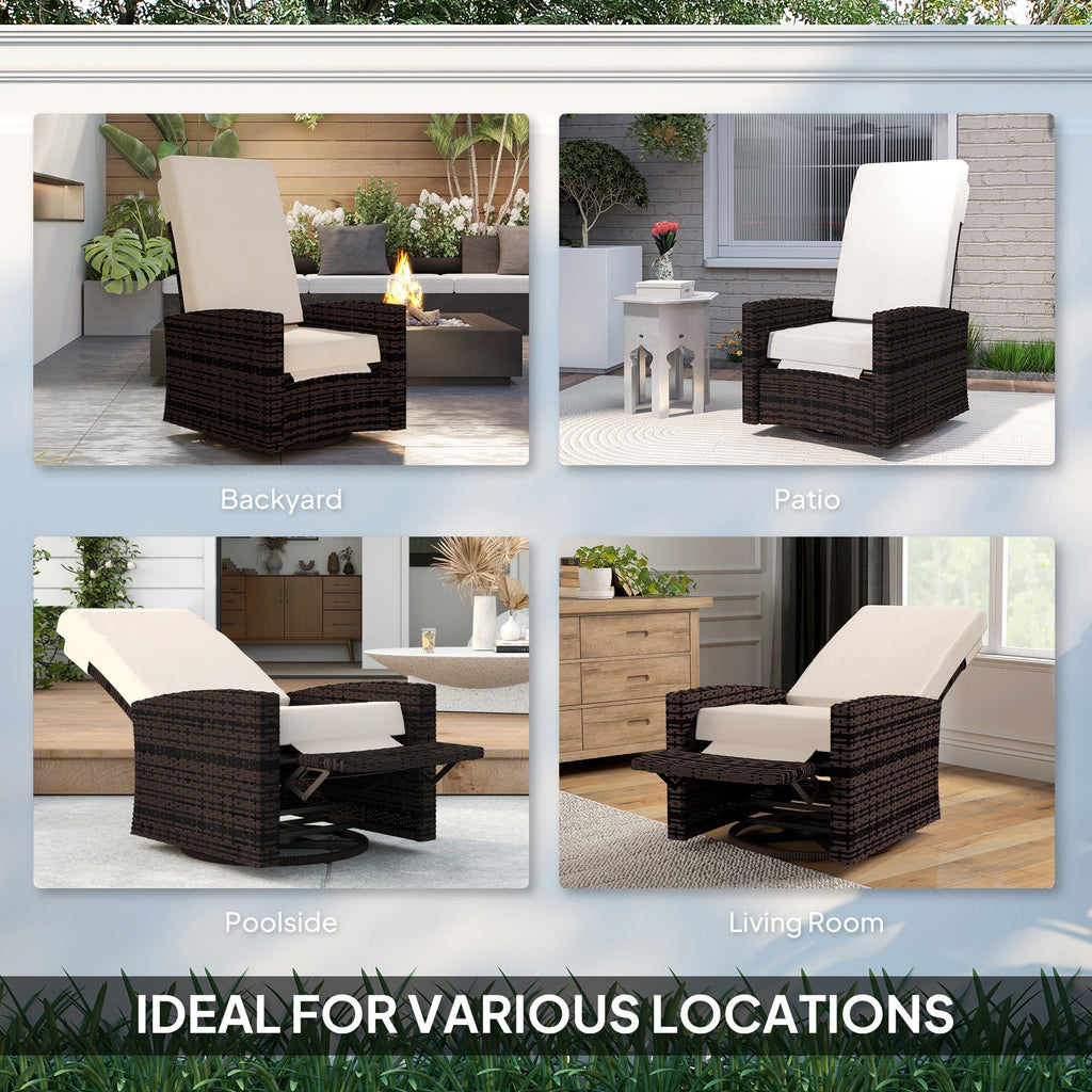Wicker Swivel Reclining Garden Chair with Lifting Footrest, Water-Resistant Cushions, Khaki