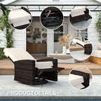 Wicker Swivel Reclining Garden Chair with Lifting Footrest, Water-Resistant Cushions, Khaki