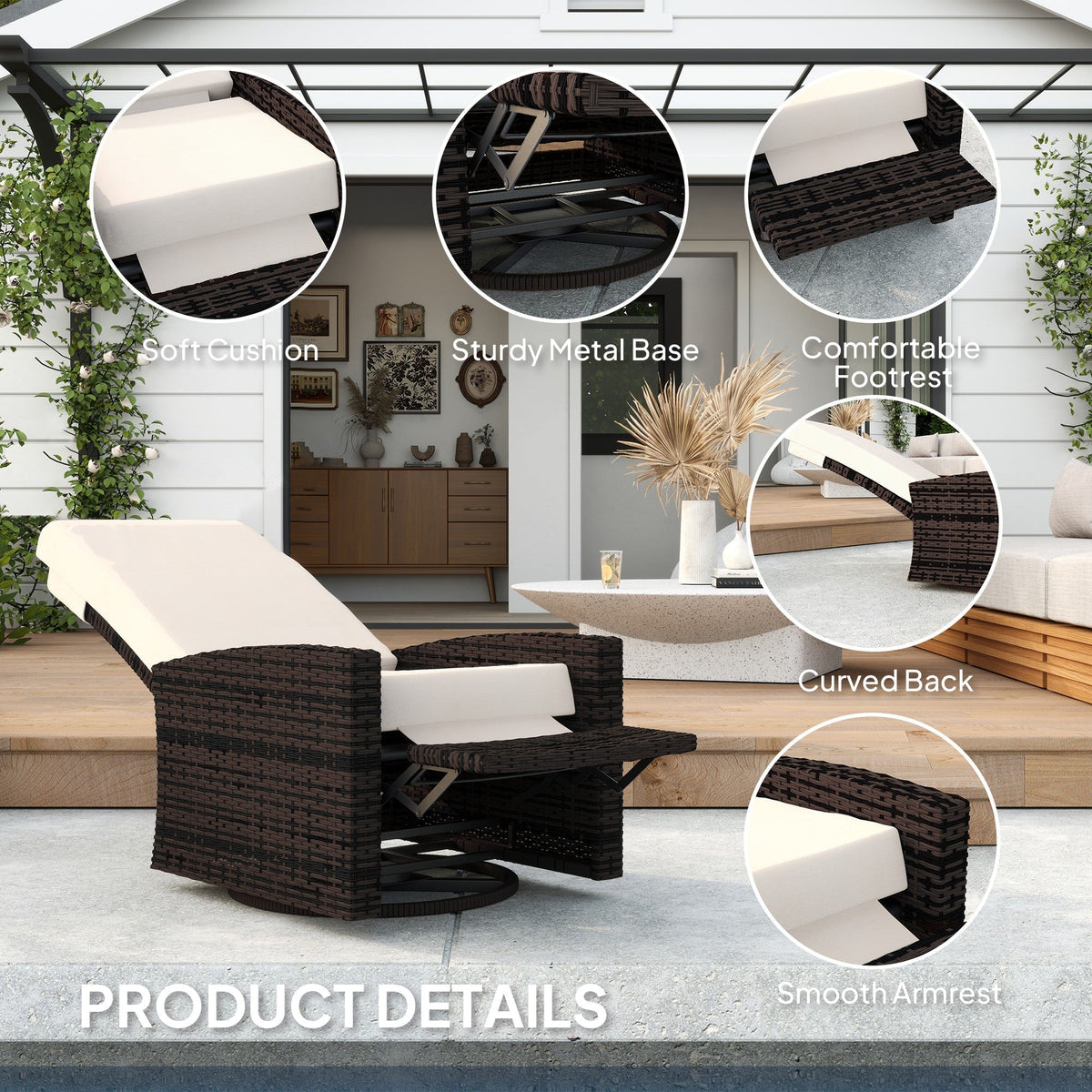 Wicker Swivel Reclining Garden Chair with Lifting Footrest, Water-Resistant Cushions, Khaki