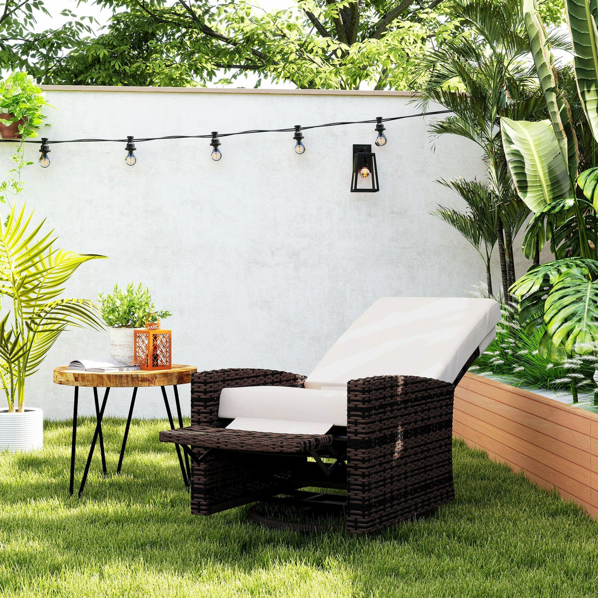 Wicker Swivel Reclining Garden Chair with Lifting Footrest, Water-Resistant Cushions, Khaki