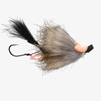 Close-up of RIO's Pip Squeak Mouse fishing lure featuring gray and black fur-like material, a sharp black hook, and orange rubber accents for freshwater fishing tackle.