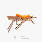 Close-up of a Morrish Hopper fishing lure designed to imitate a grasshopper with tan and orange foam body, spotted legs, and a sharp fishing hook underneath.