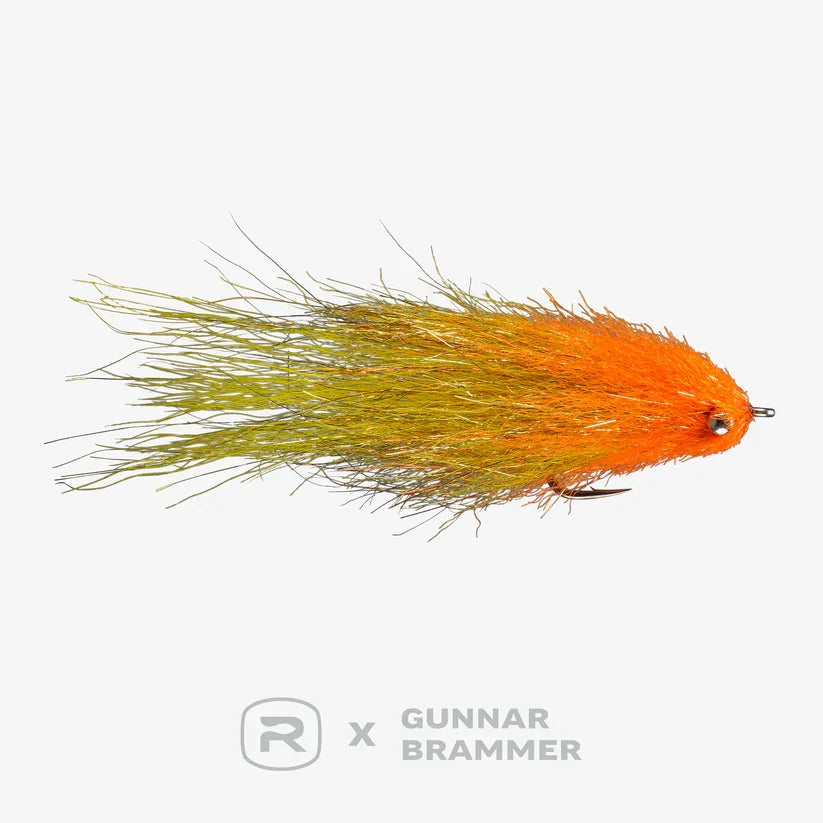 Brammer's Finger Mullet #2 fishing lure in orange and olive colors with synthetic fibers and a realistic eye, designed for freshwater and warmwater fishing tackle.
