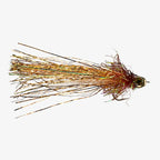 Flash Drive fishing lure with copper and brown hues, featuring a shiny, reflective body and long, slender fibers designed to mimic freshwater baitfish for effective fishing tackle.