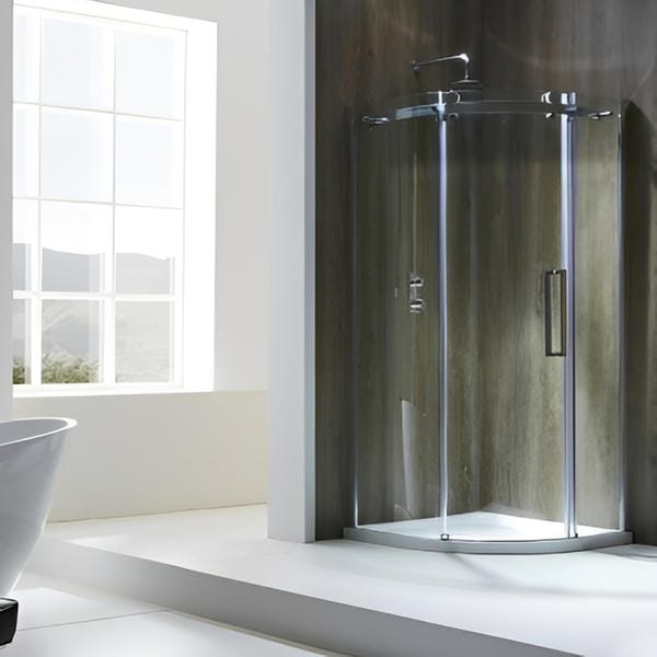 Frameless Curved Offset Quadrant Shower Enclosure w/ Cut-Out Top Panel & 1 Elongated Side Panel & Sliding Door