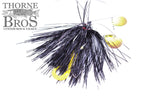 Fudally Candy Spin - Tinsel fishing lure featuring black tinsel skirt, yellow spinner blades, and detailed hooks designed for musky fishing and fishing tackle enthusiasts.